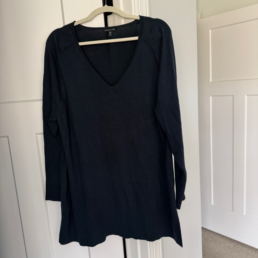 Eileen Fisher Navy Blue V-Neck Sweater Top tunic pullover long sleeve cotton